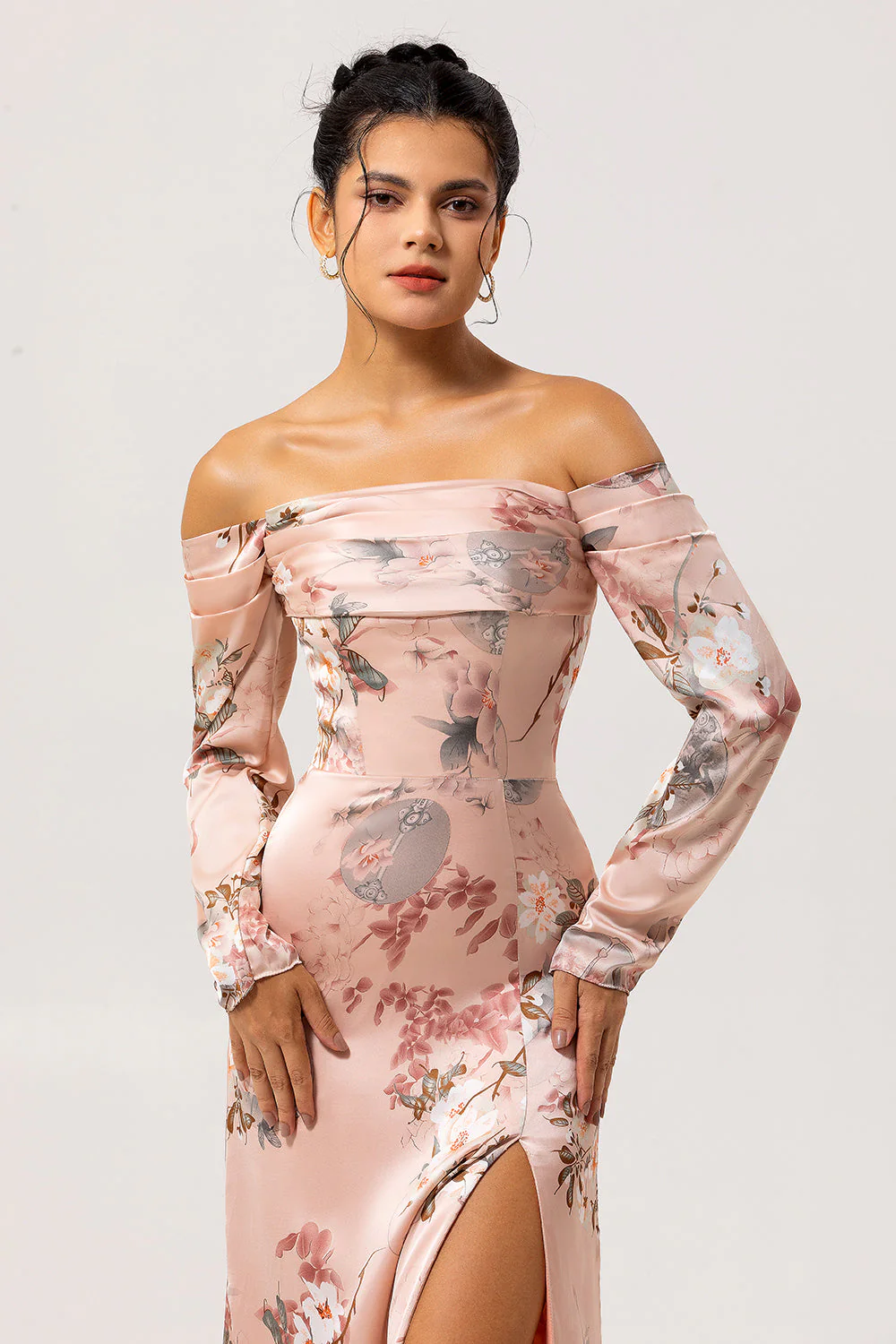 Off The Shoulder Blush Kwiecista Osłona Długa Sukienka Dla Gości Weselnych Z Rozcięciem - Image 4