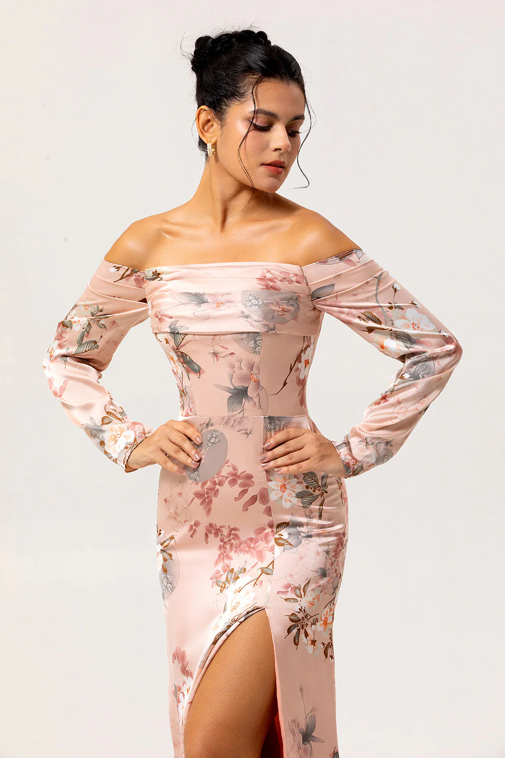 Off The Shoulder Blush Kwiecista Osłona Długa Sukienka Dla Gości Weselnych Z Rozcięciem - Image 5