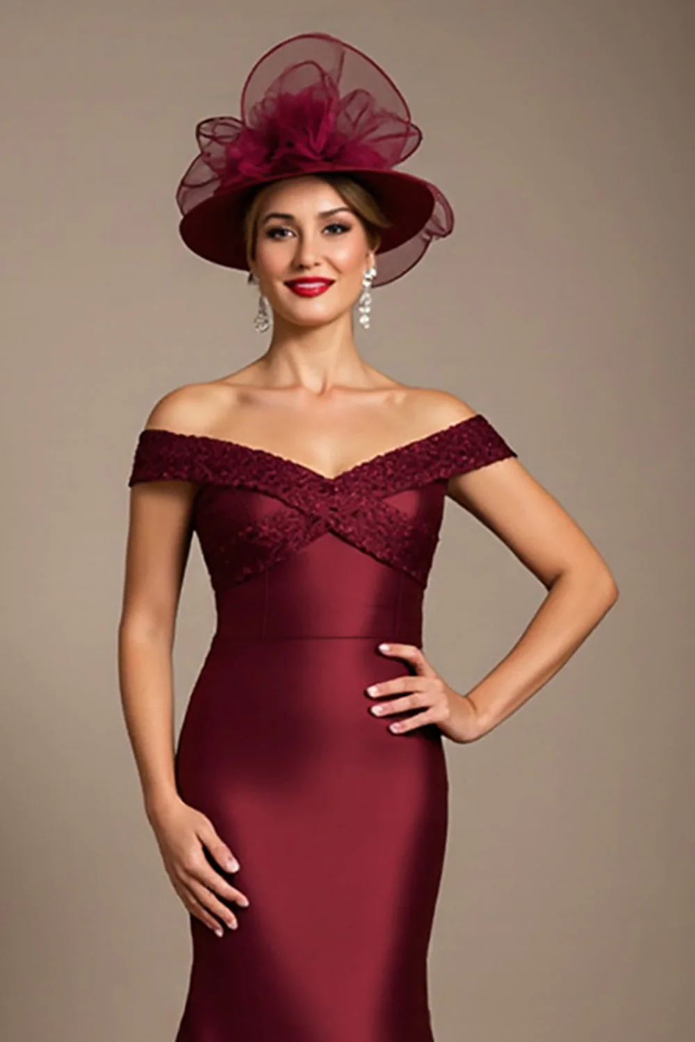 Off The Shoulder Bordowa Syrenka Satynowa Sukienka Matki Panny Młodej - Image 3