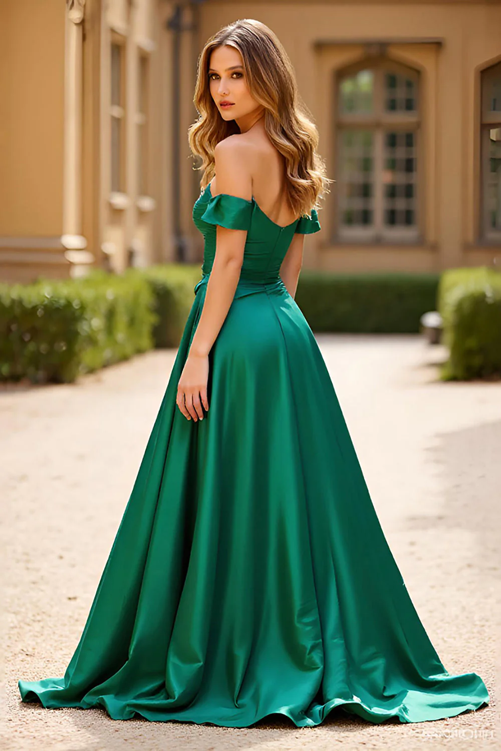 Off The Shoulder Ciemnozielona satynowa długa sukienka na studniówkę z kieszeniami - Image 2