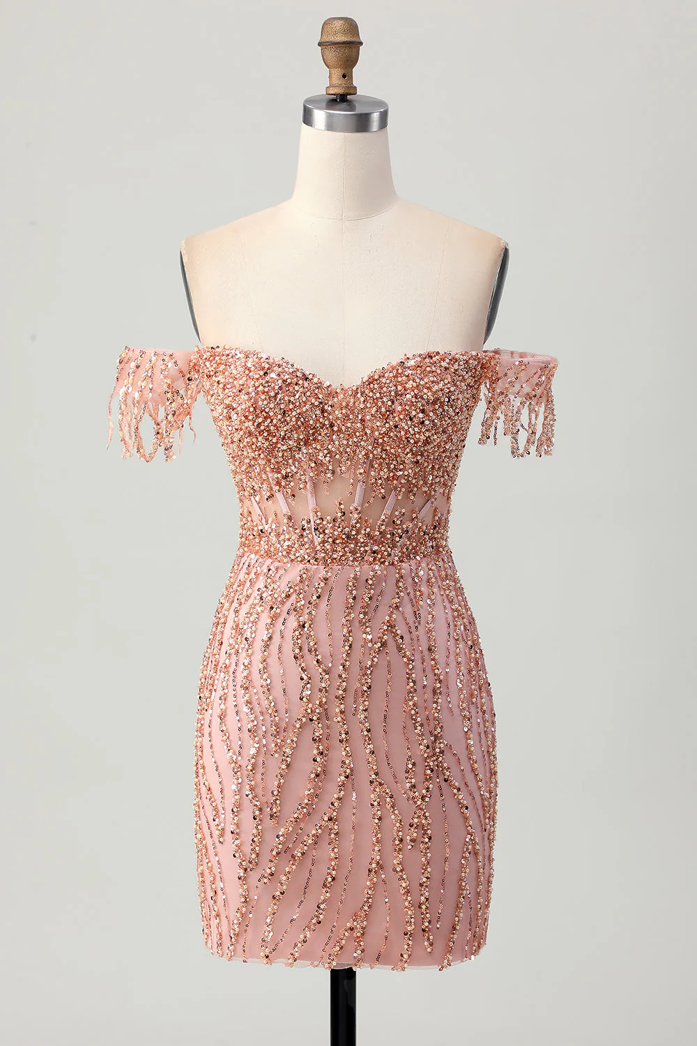Off The Shoulder Dusty Rose Bodycon Gorset Krótka sukienka na powrót do domu z koralikami - Image 7