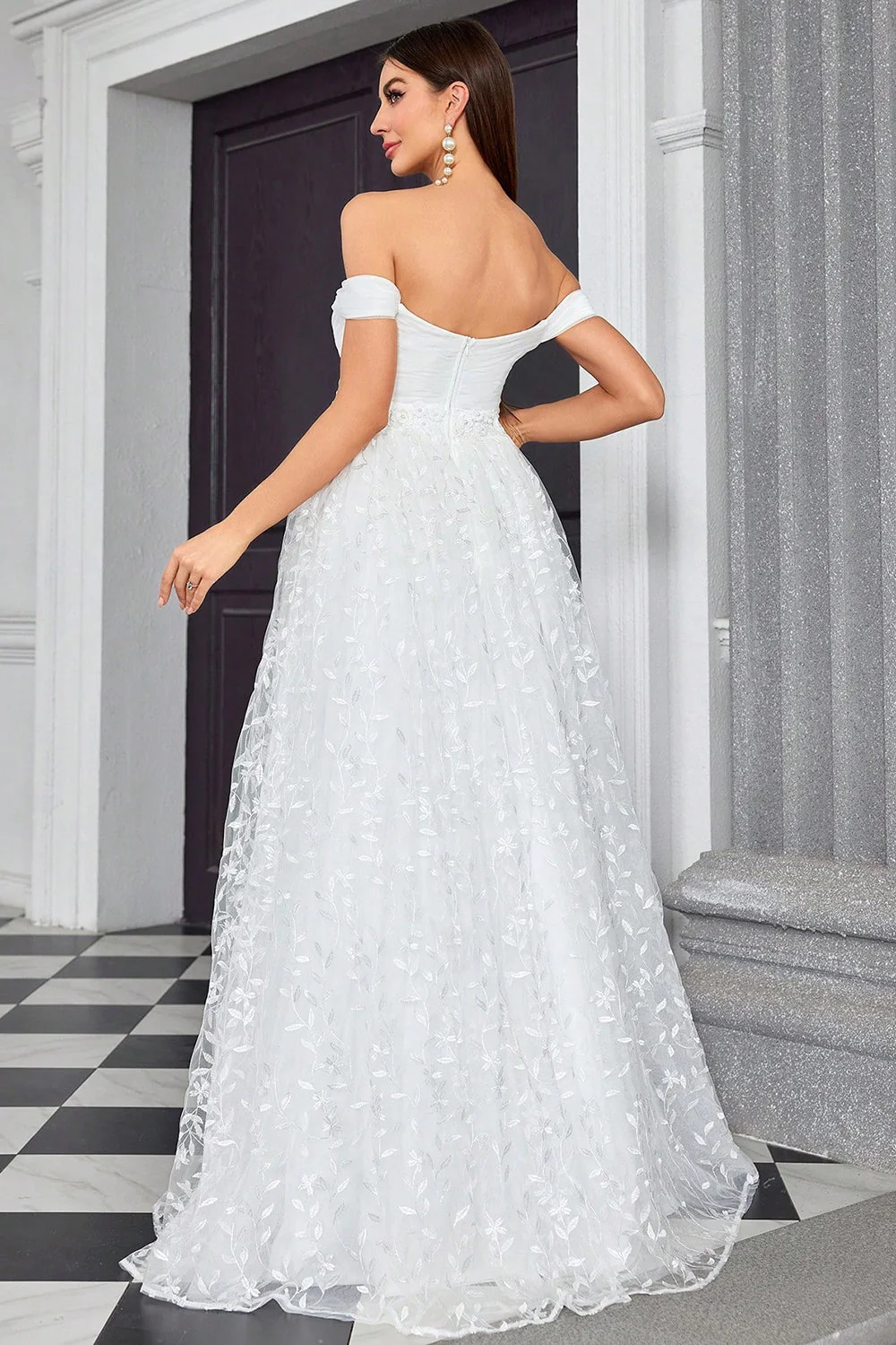 Off The Shoulder Linia Kość Słoniowa Kochanie Długa Suknia Ślubna - Image 2
