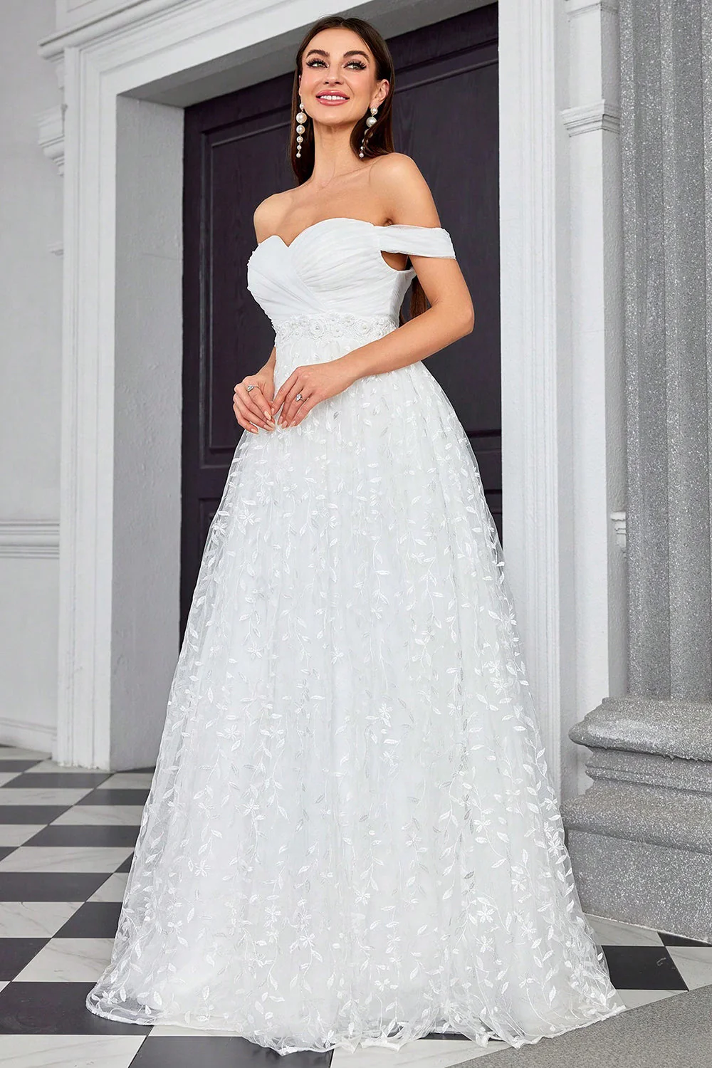 Off The Shoulder Linia Kość Słoniowa Kochanie Długa Suknia Ślubna - Image 3