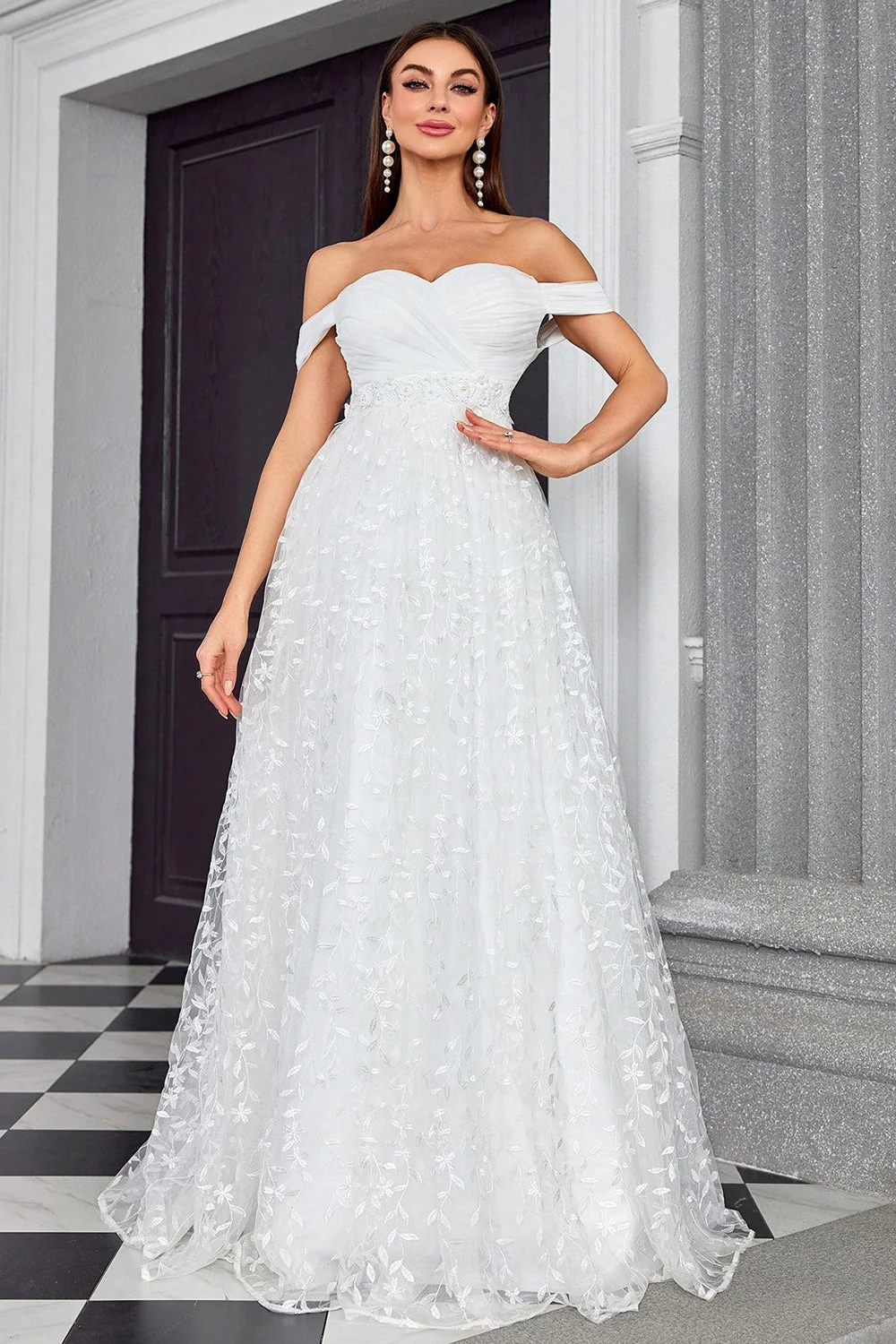 Off The Shoulder Linia Kość Słoniowa Kochanie Długa Suknia Ślubna - Image 4