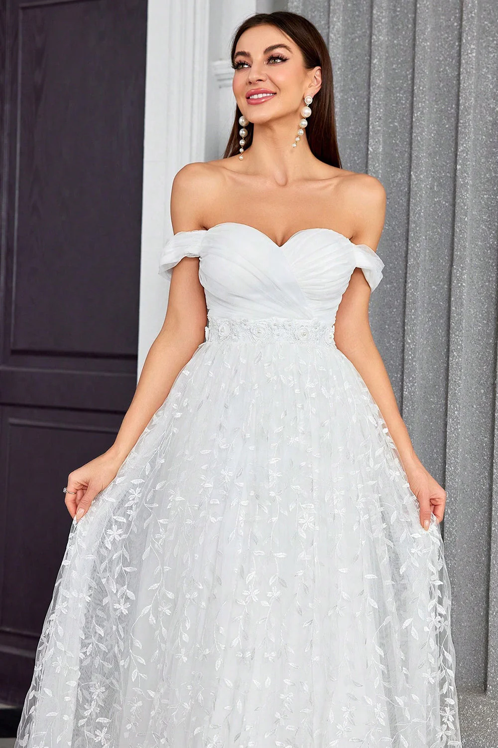 Off The Shoulder Linia Kość Słoniowa Kochanie Długa Suknia Ślubna - Image 6