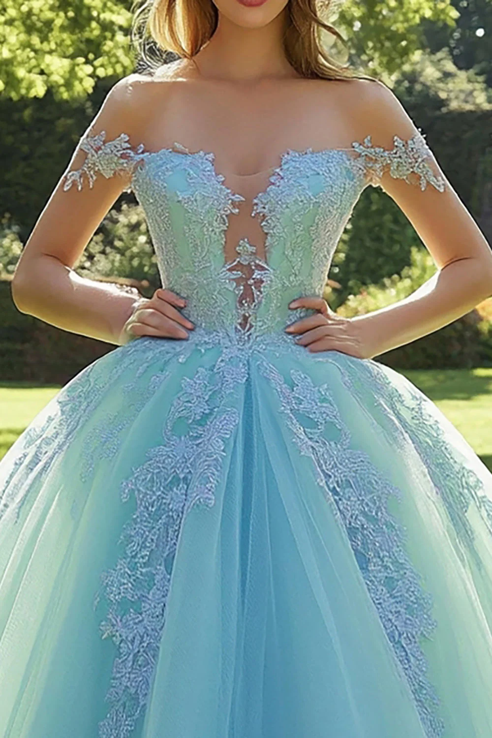Off the Shoulder Mint Aplikowana Suknia Balowa Tiulowa Sukienka Quinceanera - Image 2