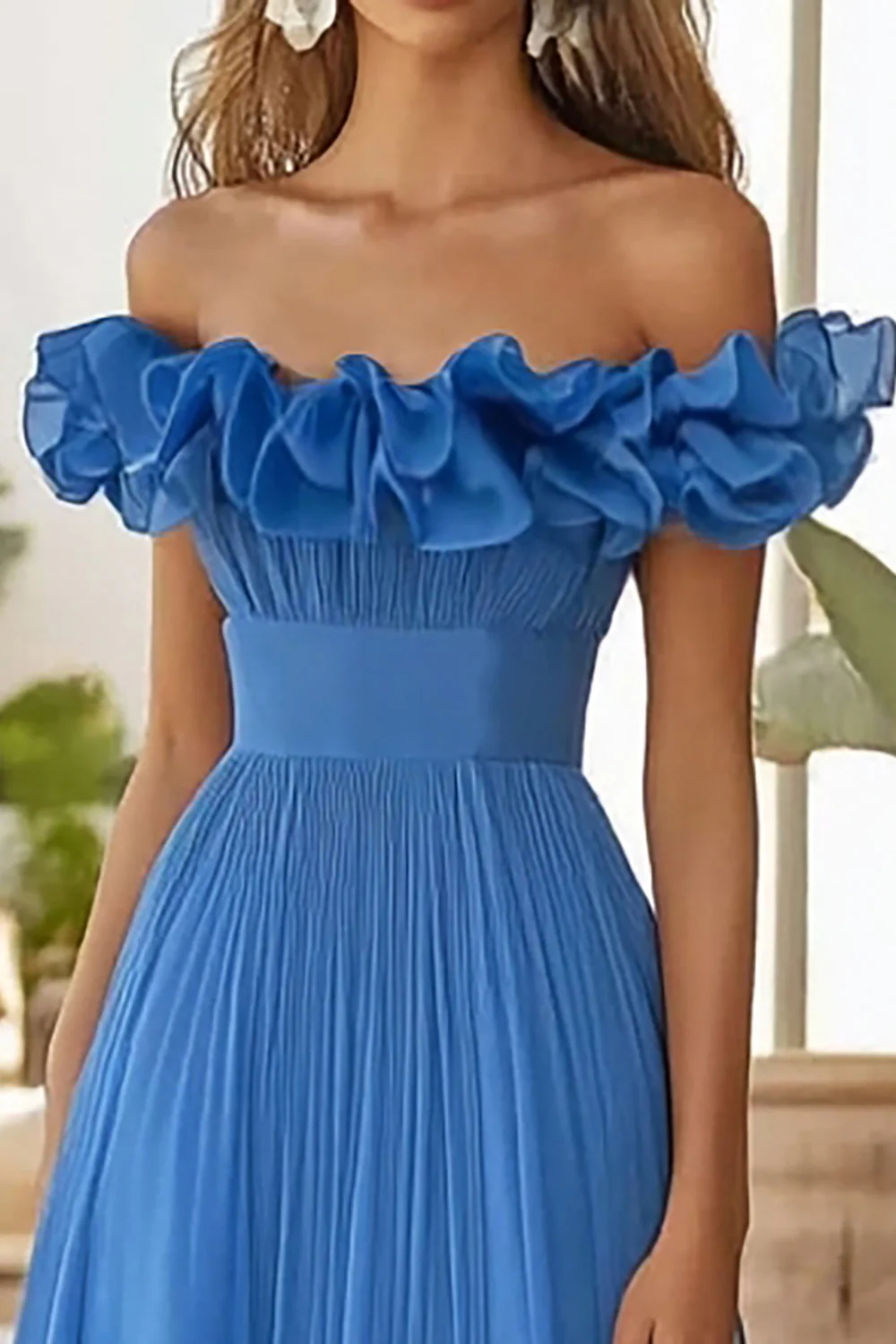 Off The Shoulder Niebieska formalna sukienka A Line z rozcięciem - Image 2