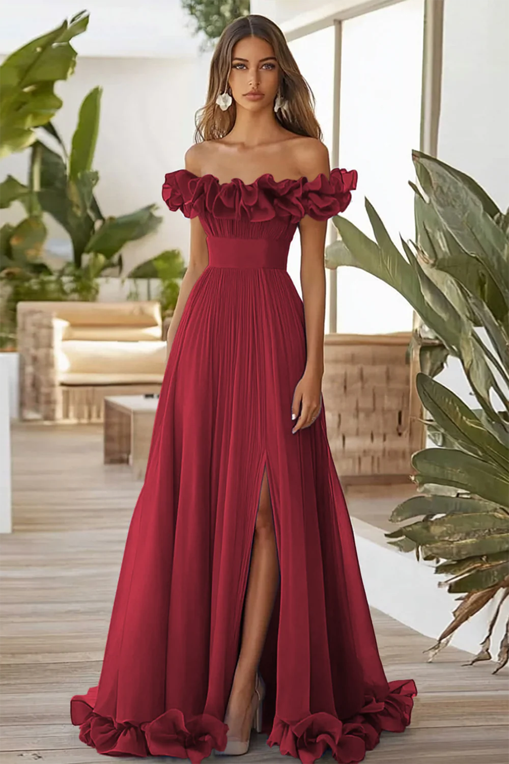 Off The Shoulder Niebieska formalna sukienka A Line z rozcięciem - Image 3