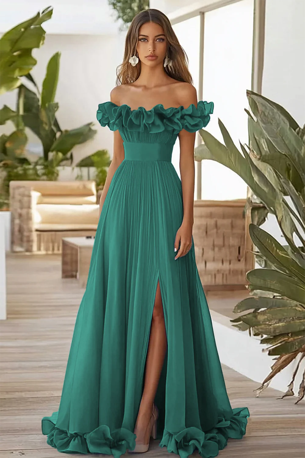 Off The Shoulder Niebieska formalna sukienka A Line z rozcięciem - Image 4