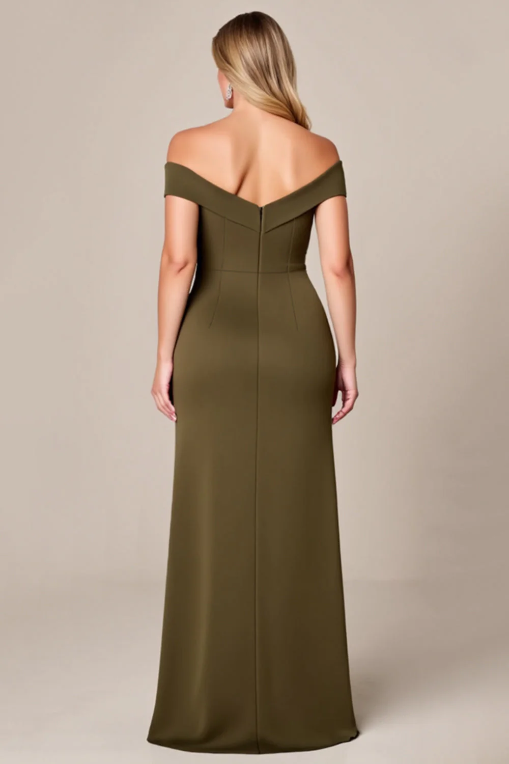 Off The Shoulder Olive Długa Plus Size Sukienka Dla Matki Panny Młodej Z Rozcięciem - Image 2