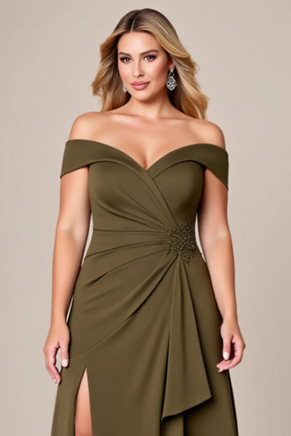 Off The Shoulder Olive Długa Plus Size Sukienka Dla Matki Panny Młodej Z Rozcięciem - Image 3