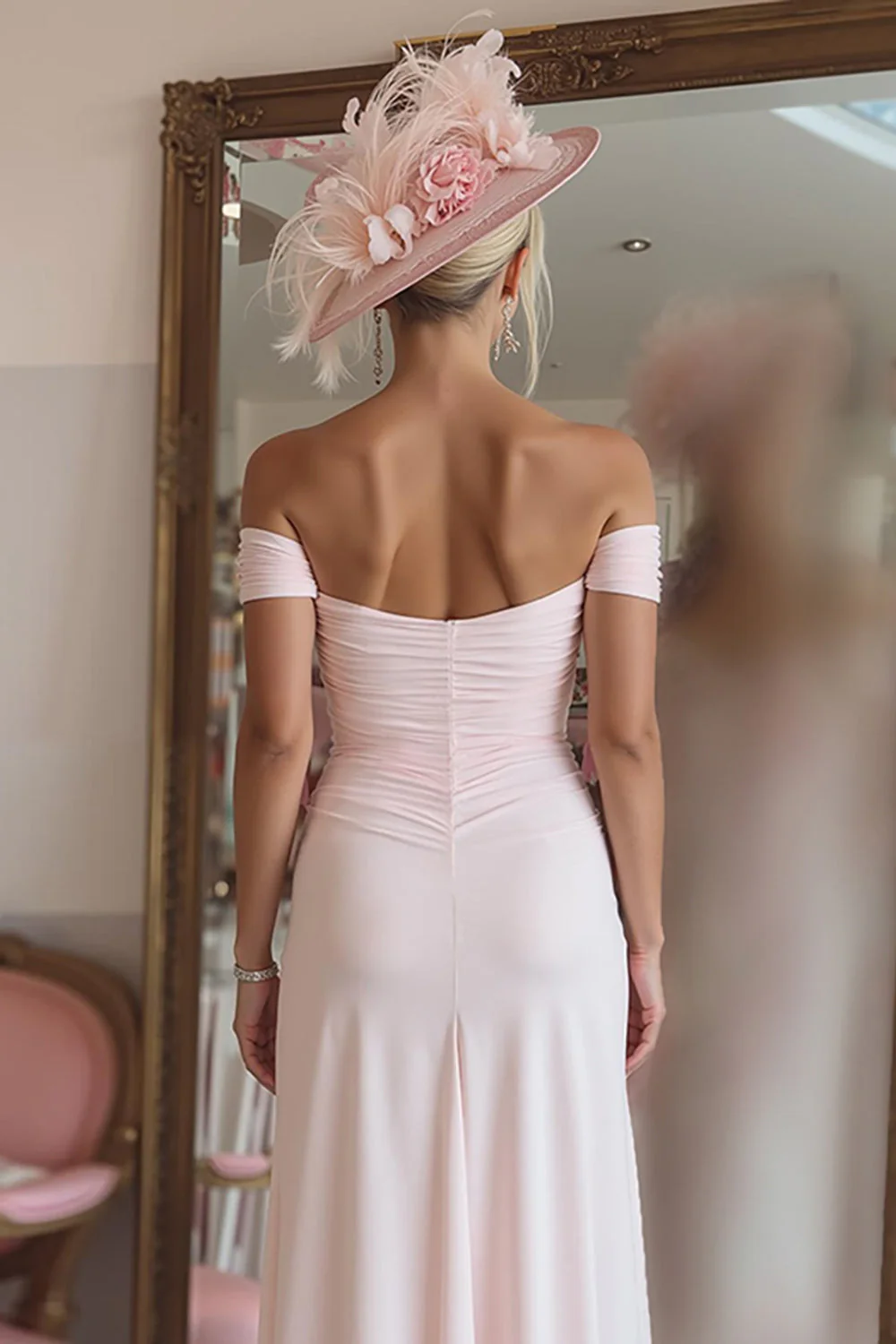 Off The Shoulder Ruched Candy Różowa sukienka dla matki panny młodej z rozcięciem - Image 4