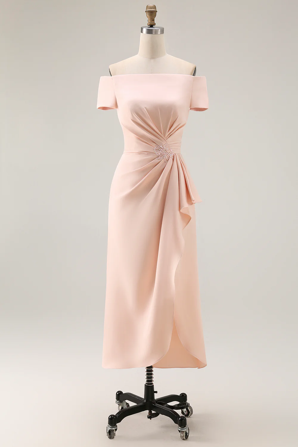 Off the Shoulder Sheath Morelowa Marszczenia Midi Sukienka dla matki panny młodej z rozcięciem - Image 2