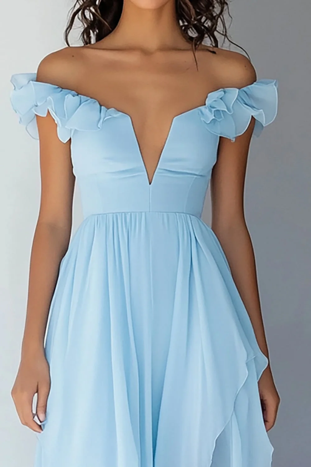Off the Shoulder Sky Blue Szyfon Potargana Linia Formalna Sukienka - Image 2