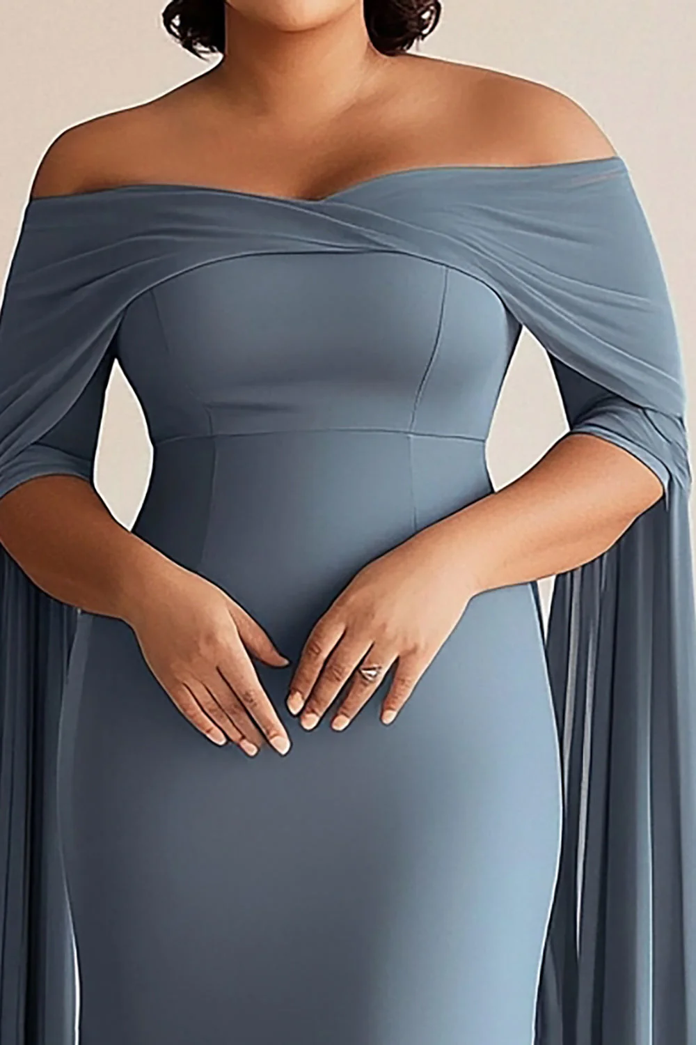 Szary Niebieski Odkrytymi Ramionami Szyfon Plus Size Długa Sukienka Na Wesele - Image 2