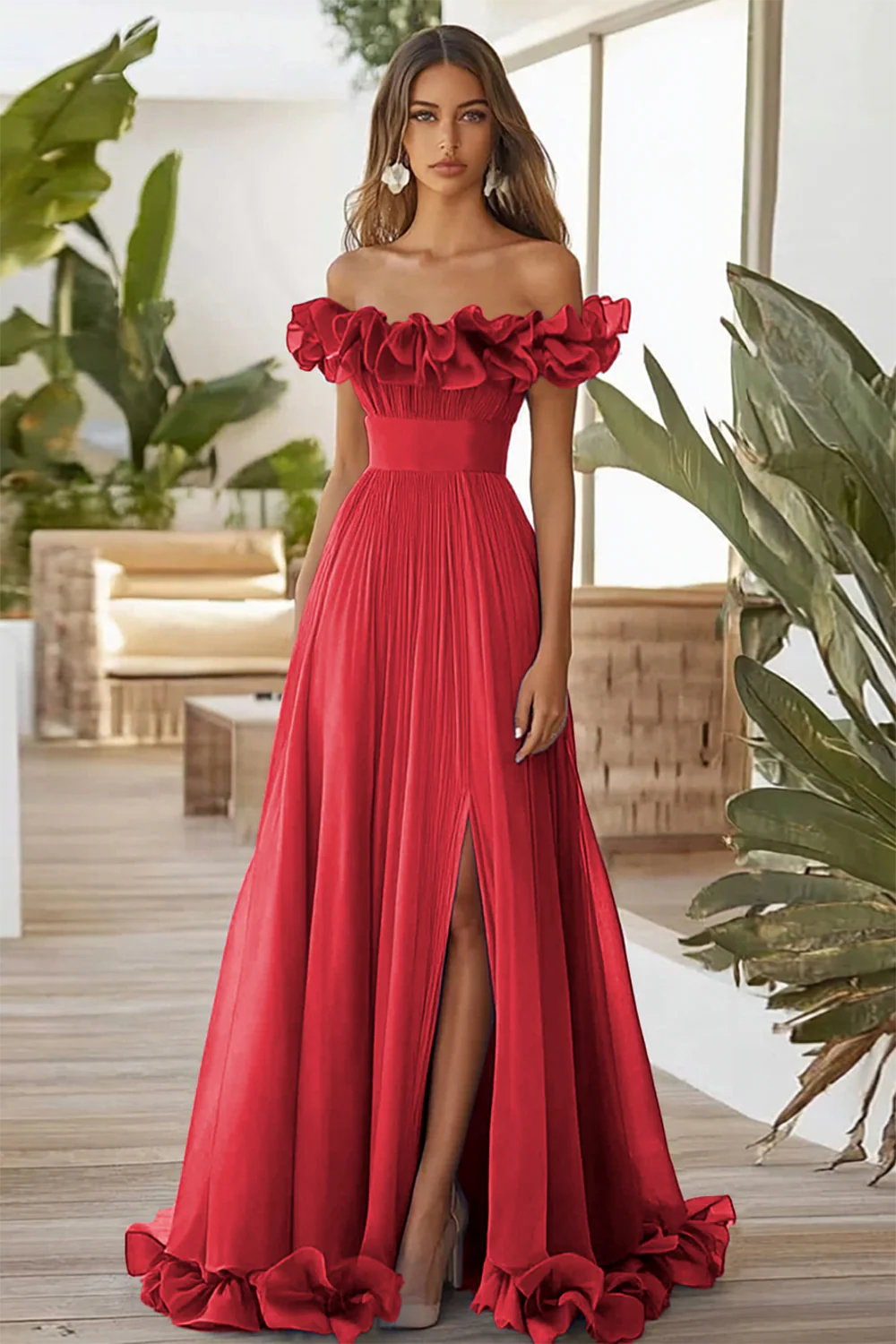 Off The Shoulder Zakurzona Szałwia formalna sukienka A Line z rozcięciem - Image 2