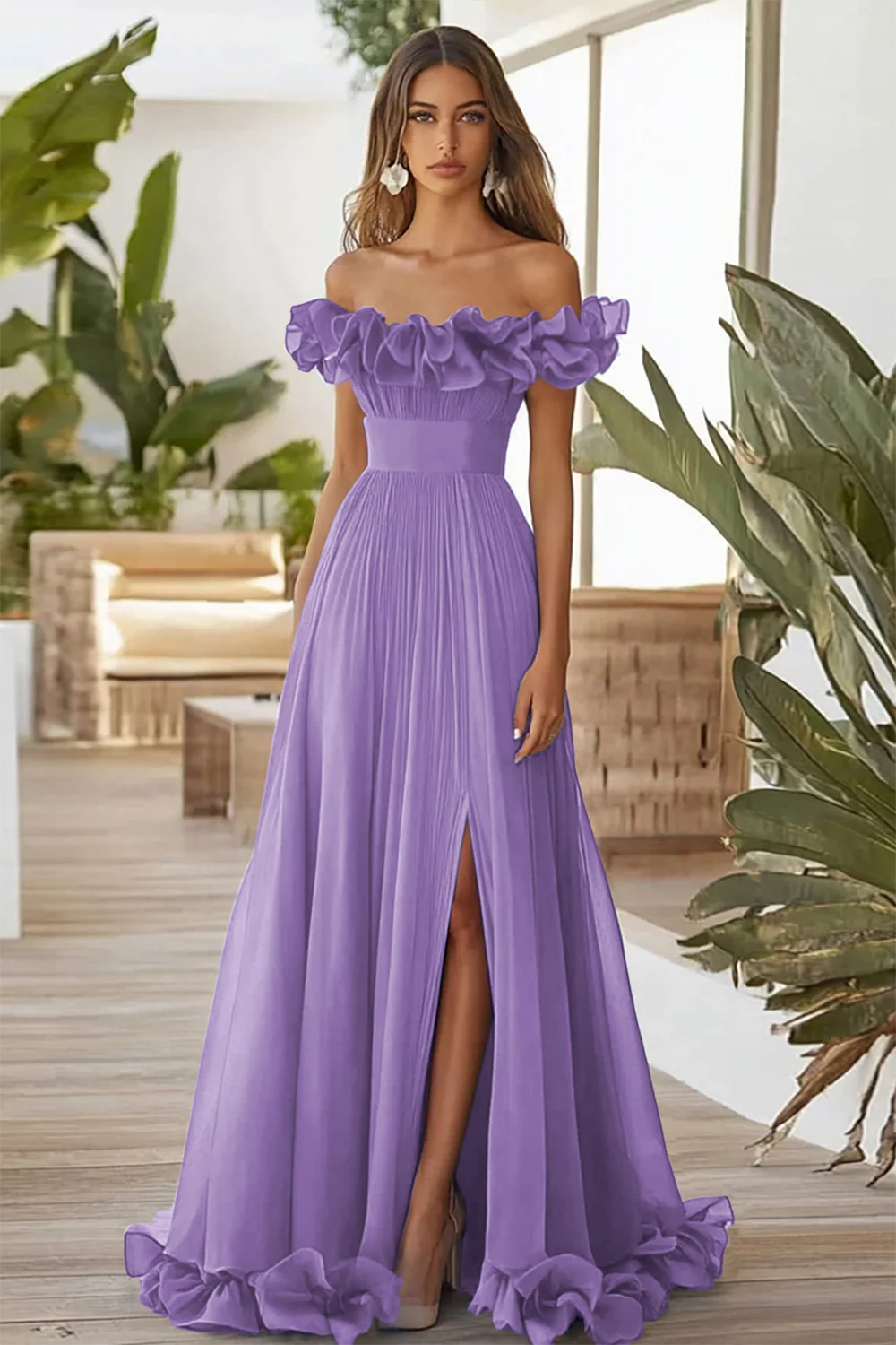 Off The Shoulder Zakurzona Szałwia formalna sukienka A Line z rozcięciem - Image 3