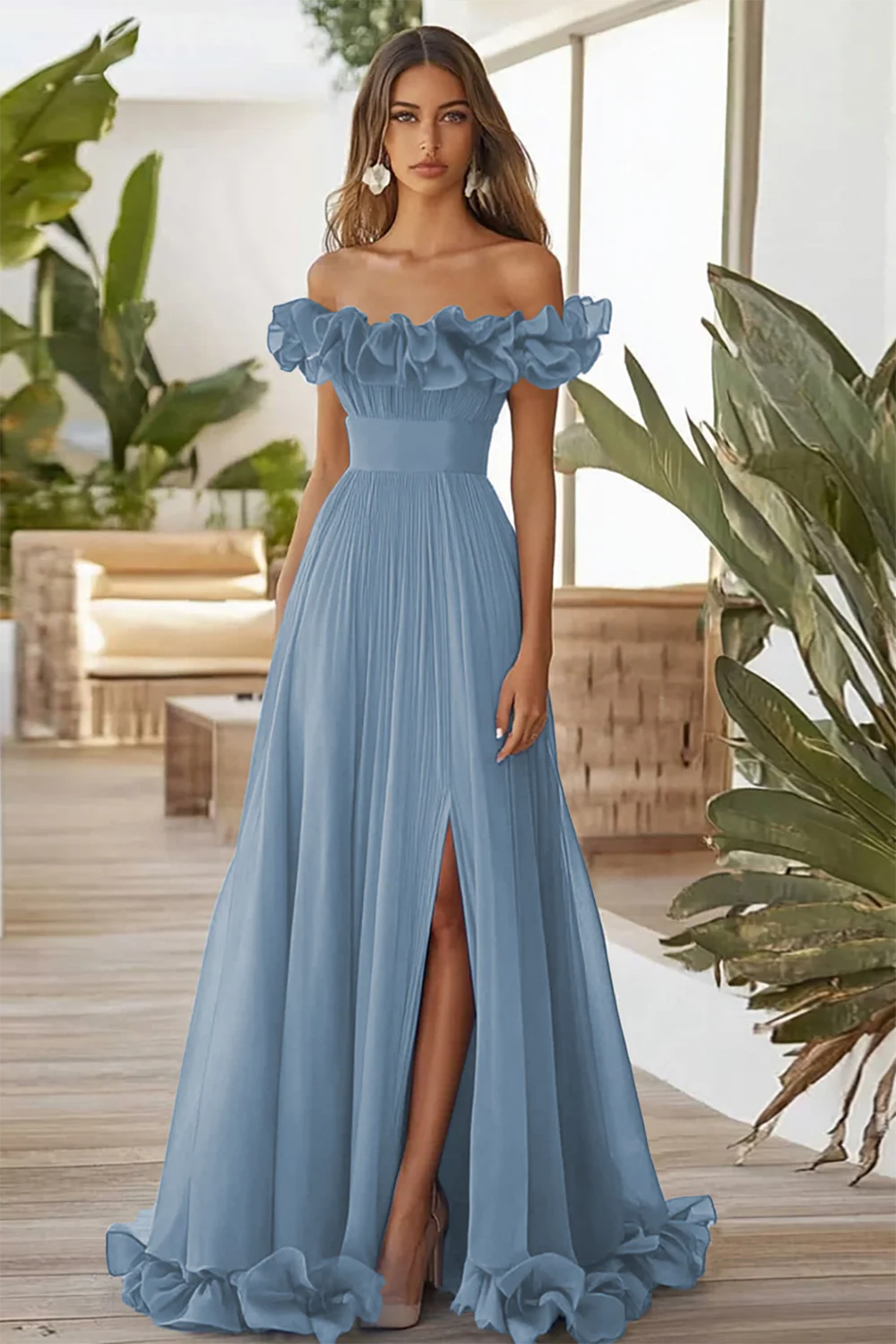Off The Shoulder Zakurzona Szałwia formalna sukienka A Line z rozcięciem - Image 6