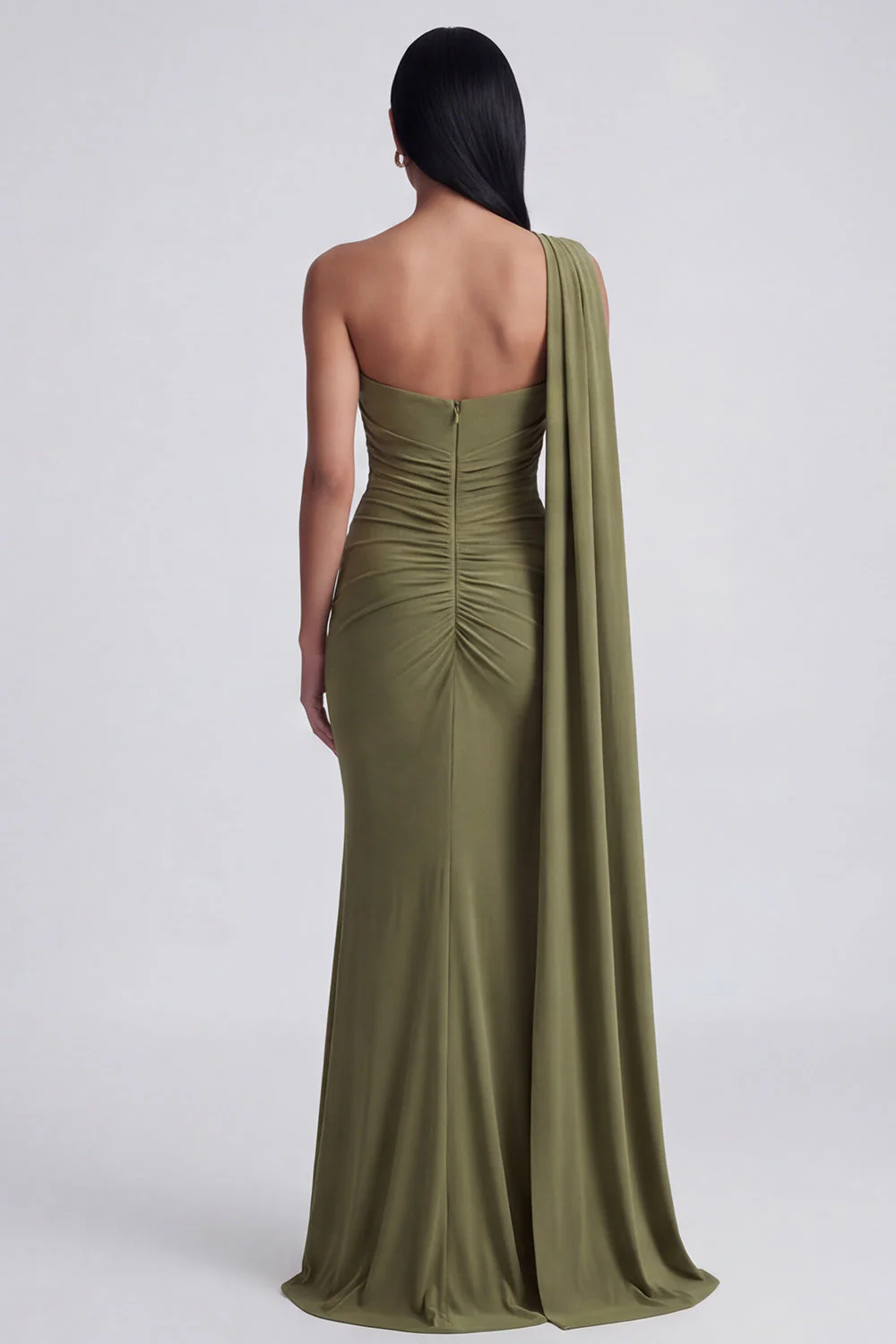 Olive Mermaid – elegancka sukienka do jednego ramienia i boczna wstęga - Image 2