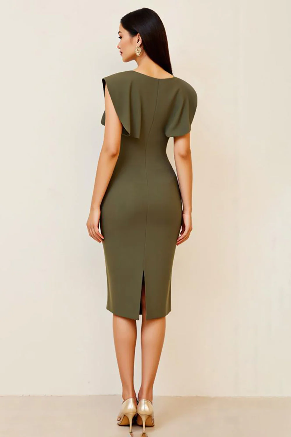 Oliwkowa marszczona sukienka bodycon midi z dekoltem w serek - Image 2
