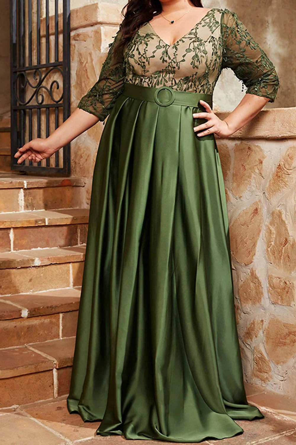 Oliwkowa Plus Size Satynowa Długa Sukienka Dla Matki Panny Młodej Z Aplikacjami - Image 6