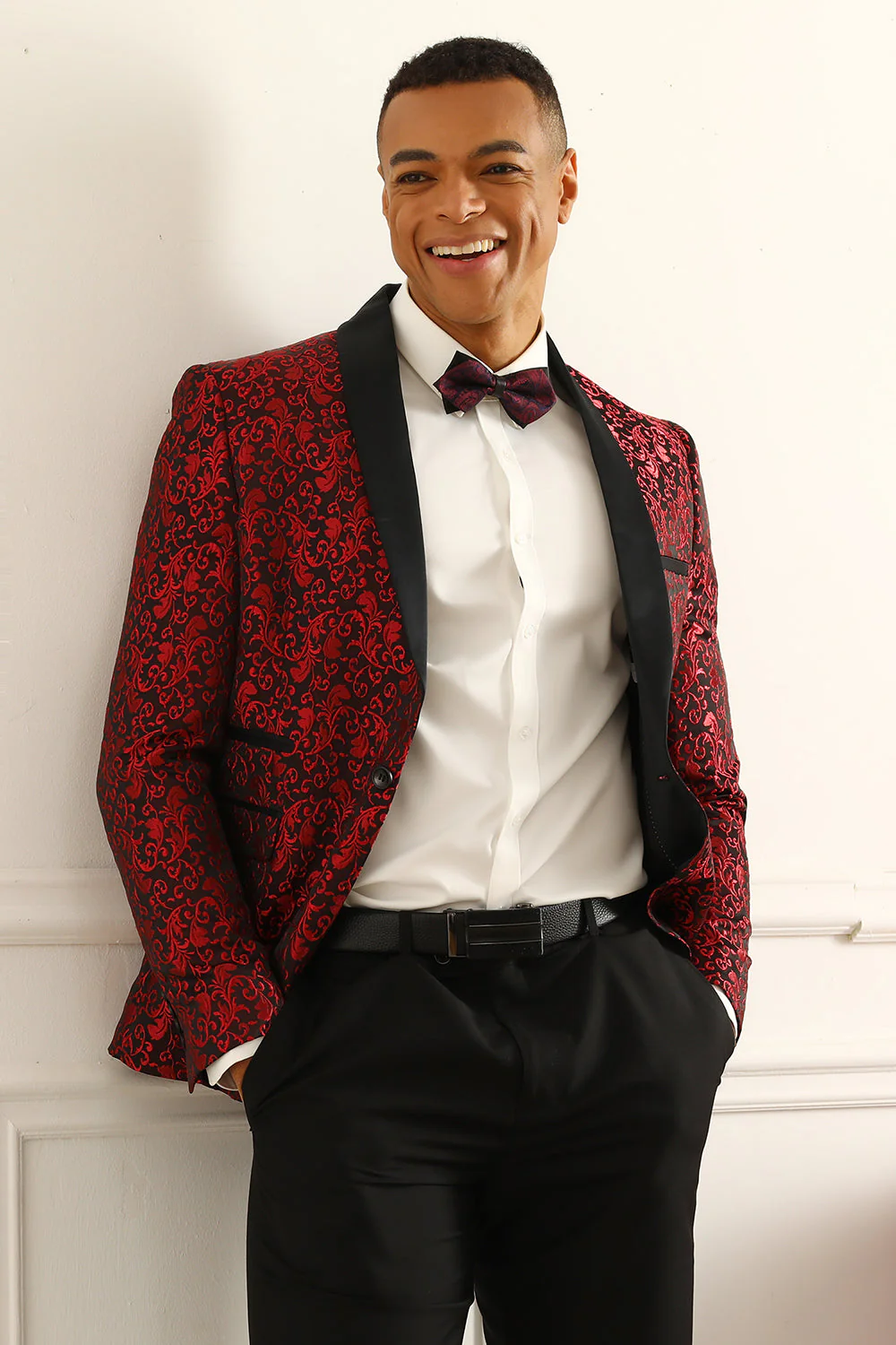 One Button Red Shawl Lapel Żakardowa marynarka męska na studniówkę - Image 5