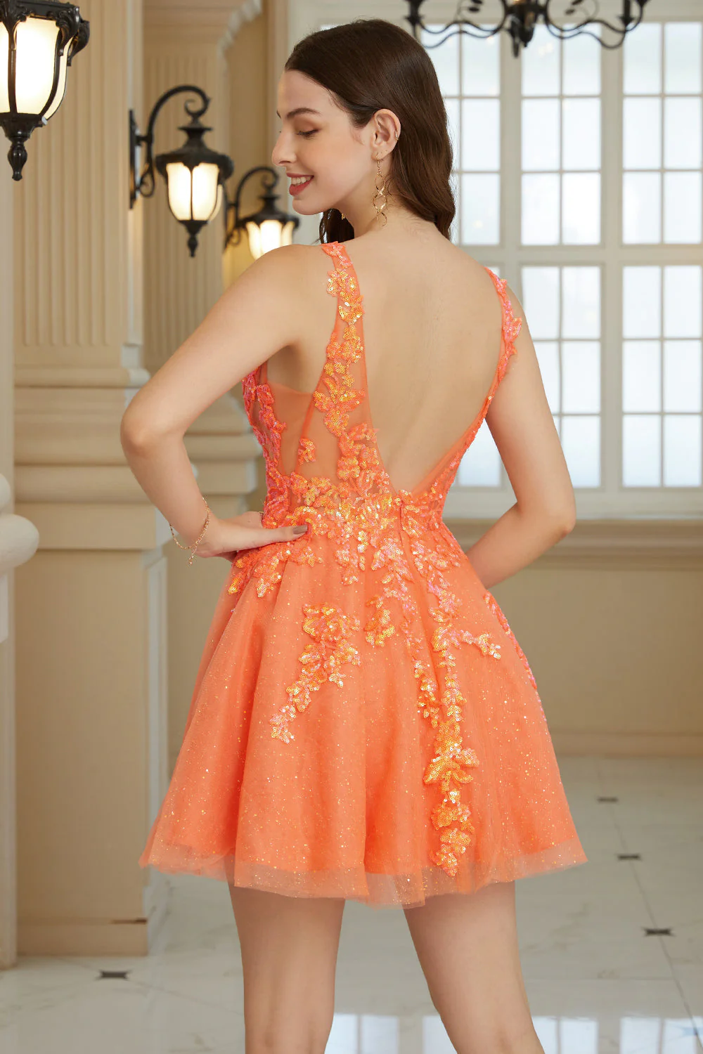 Orange A Line Glitter Homecoming Sukienka z cekinami - Image 2