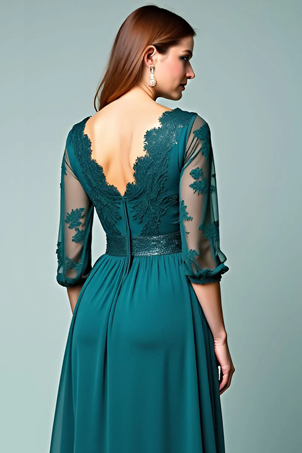 Peacock A-line Dekolt W Szpic Długie Rękawy Długa Formalna Sukienka Z Koronką - Image 5