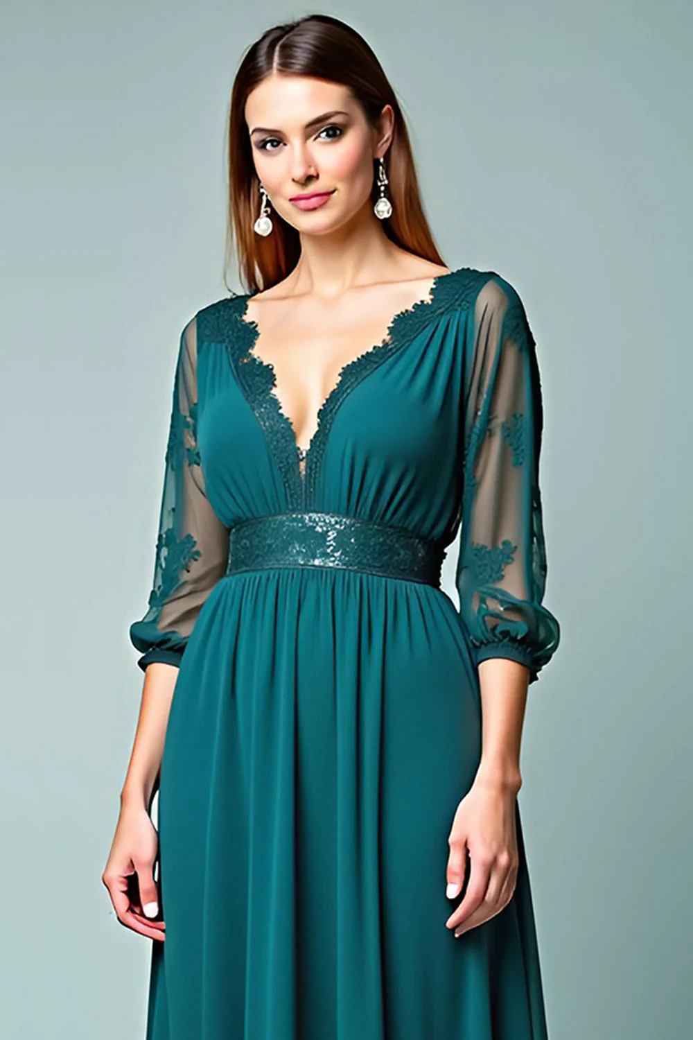 Peacock A-line Dekolt W Szpic Długie Rękawy Długa Formalna Sukienka Z Koronką - Image 6