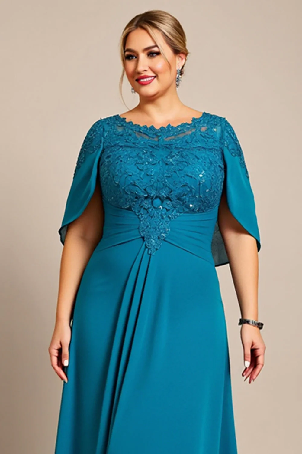 Paw Szyfon Plus Size Kształcie Litery A Długa Sukienka Na Wesele k z Koronki - Image 4