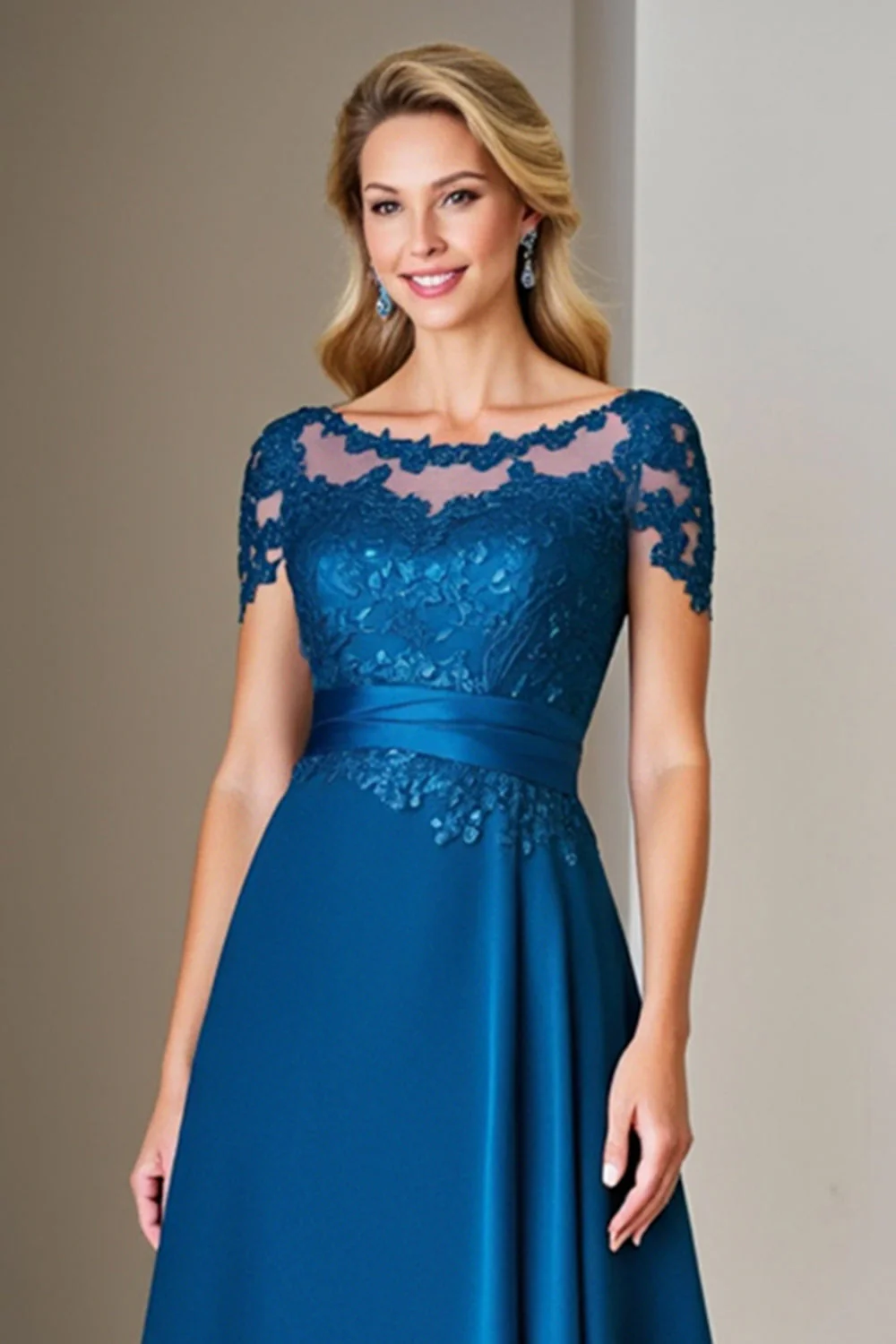 Peacock Blue A Line Długość herbaty Sukienka dla matki panny młodej z koronką - Image 3