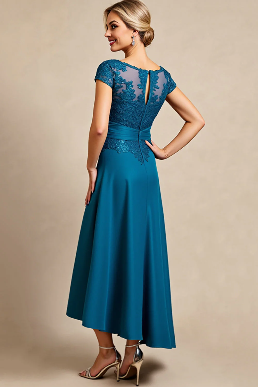 Peacock Blue Linia Długa sukienka dla matki panny młodej z koronką - Image 2