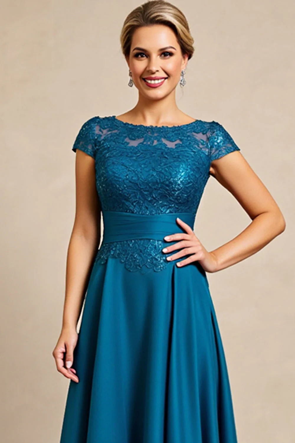 Peacock Blue Linia Długa sukienka dla matki panny młodej z koronką - Image 3