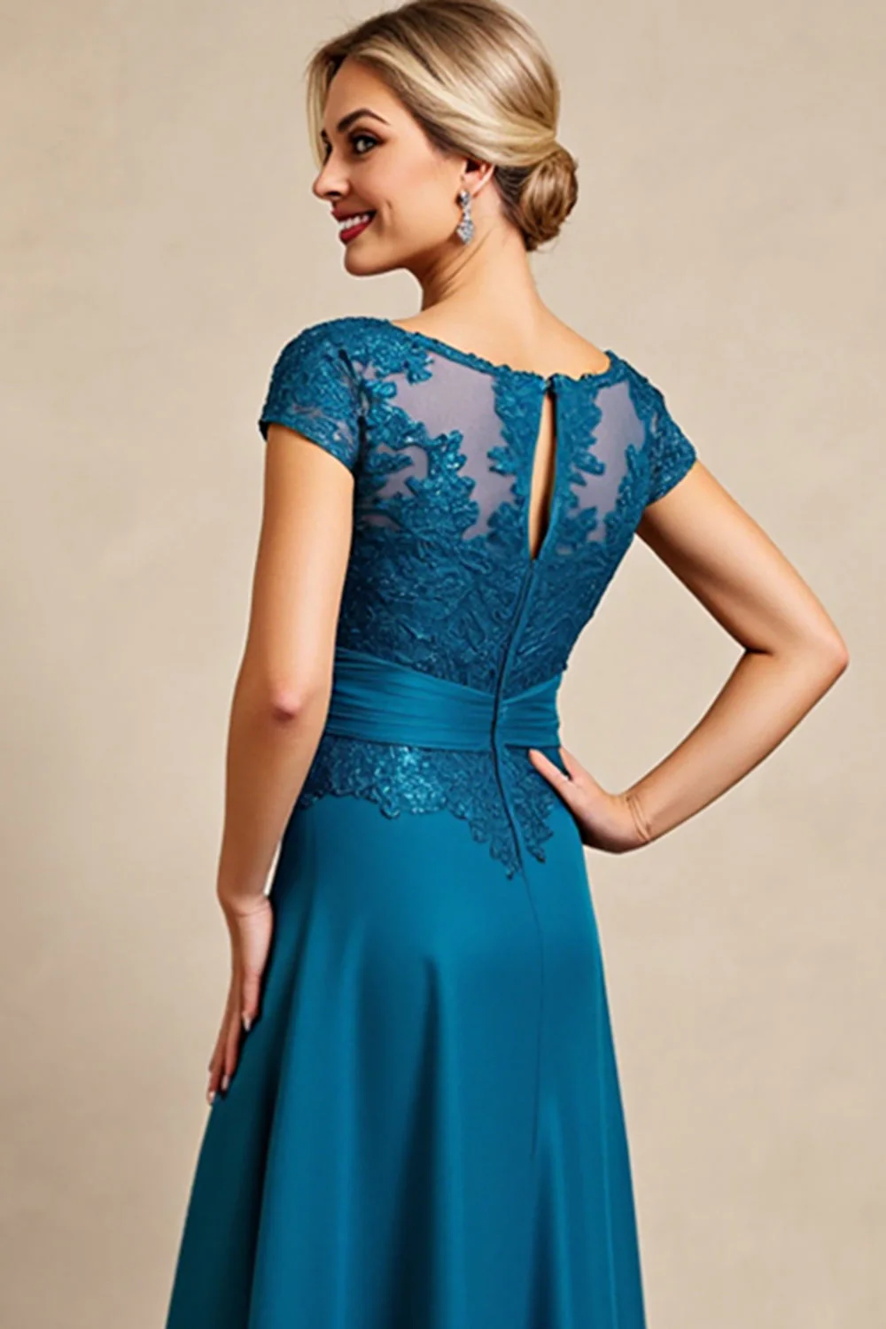Peacock Blue Linia Długa sukienka dla matki panny młodej z koronką - Image 4