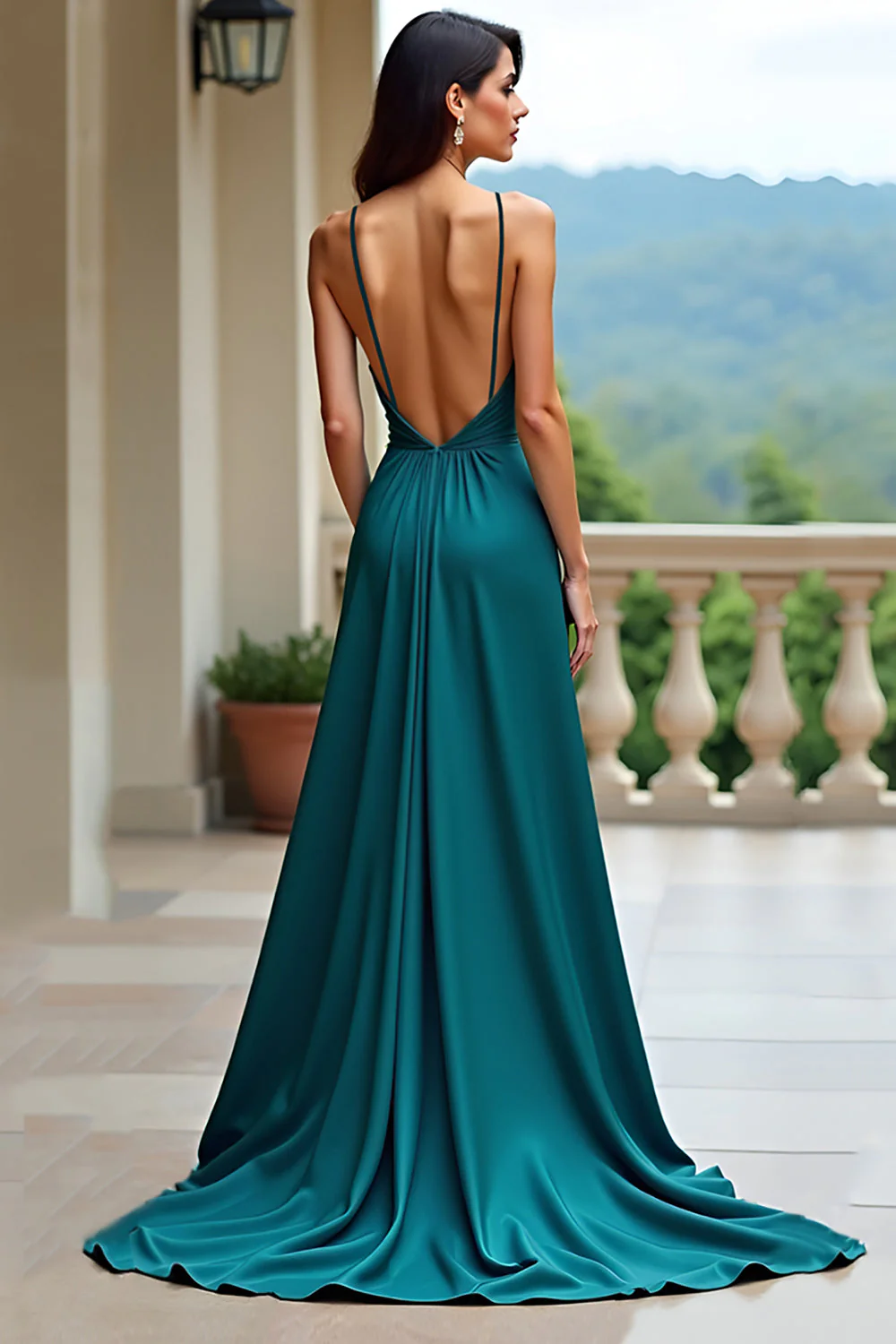 Peacock Green A Line Długa Sukienka Na Studniówkę Z Rozcięciem - Image 2