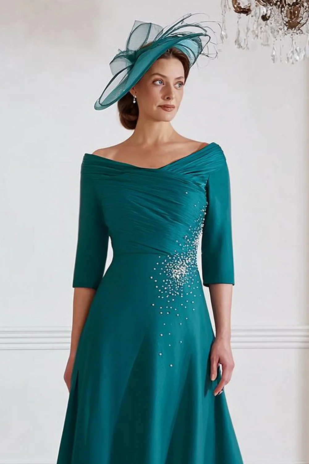 Peacock Green A Line Midi Sukienka dla matki panny młodej z półrękawami - Image 2
