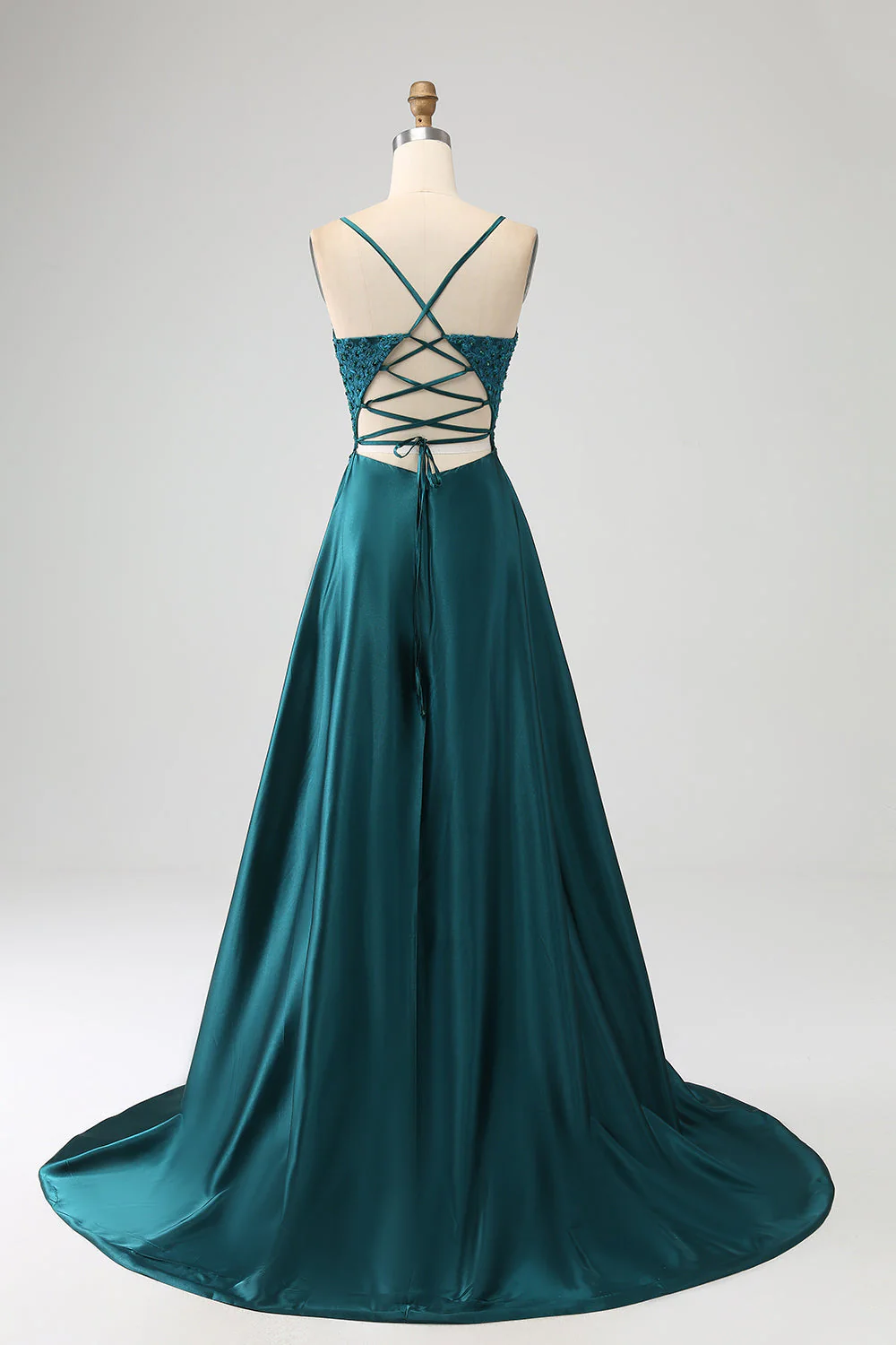 Peacock Green Linia A Spaghetti Ramiączka Długa Sukienka Na Studniówkę Z Rozcięciem - Image 2