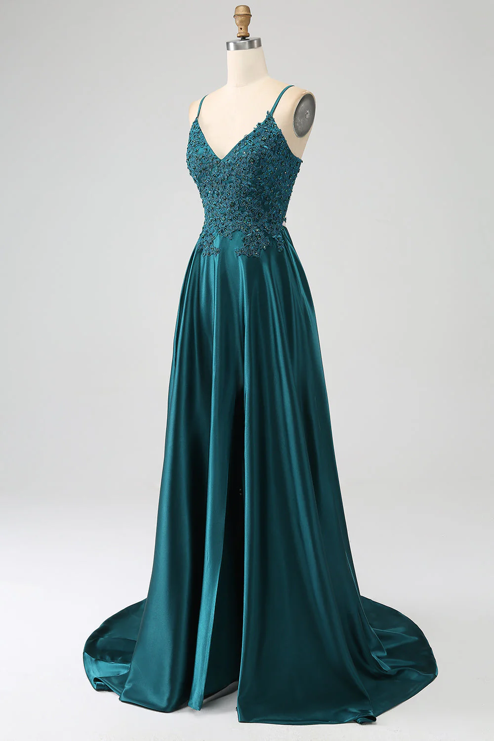 Peacock Green Linia A Spaghetti Ramiączka Długa Sukienka Na Studniówkę Z Rozcięciem - Image 3