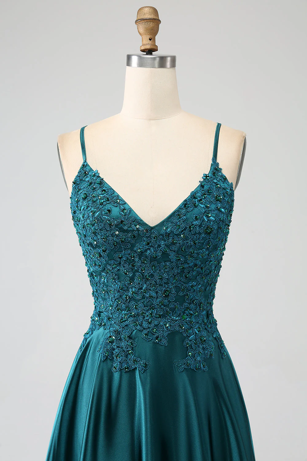 Peacock Green Linia A Spaghetti Ramiączka Długa Sukienka Na Studniówkę Z Rozcięciem - Image 4