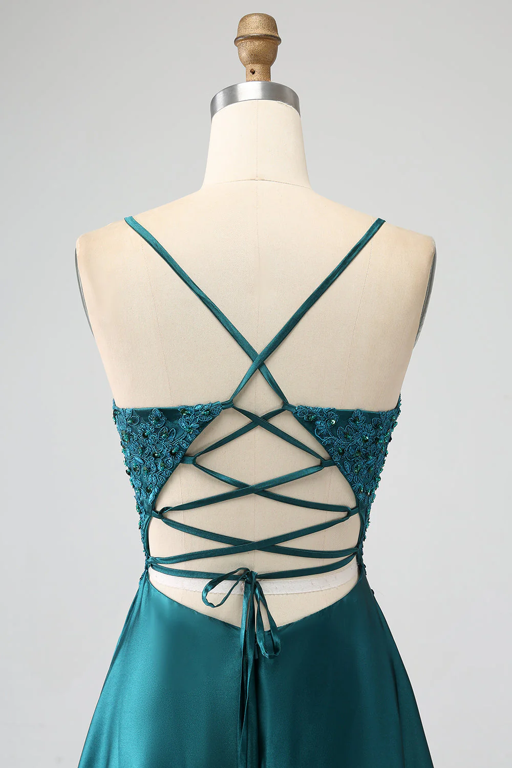Peacock Green Linia A Spaghetti Ramiączka Długa Sukienka Na Studniówkę Z Rozcięciem - Image 5