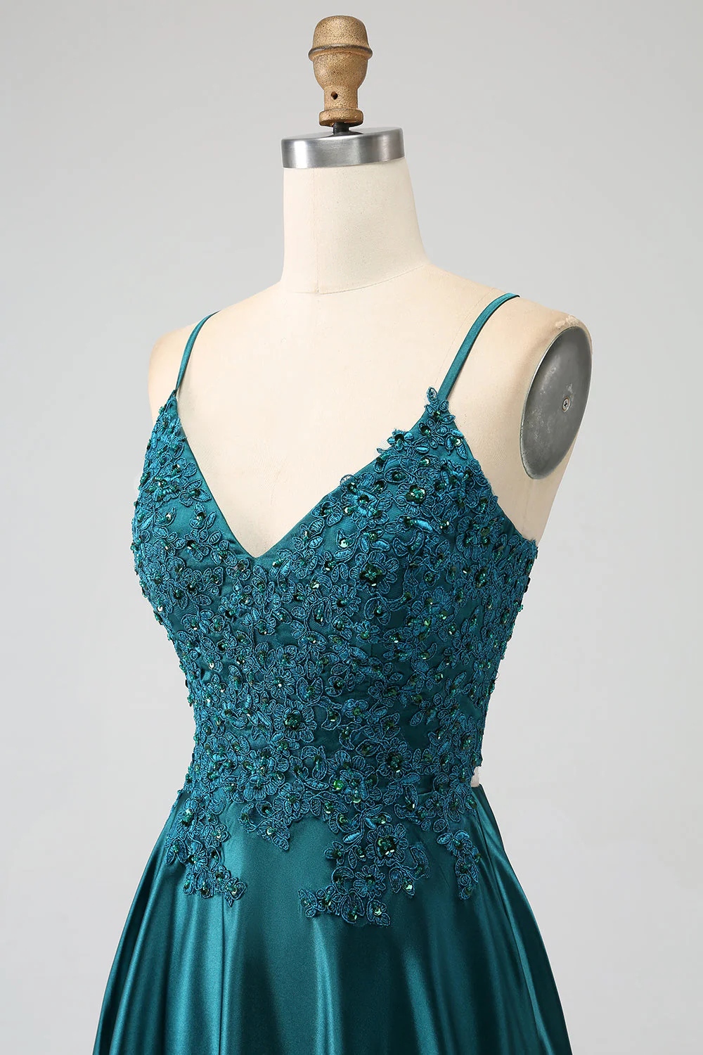 Peacock Green Linia A Spaghetti Ramiączka Długa Sukienka Na Studniówkę Z Rozcięciem - Image 6