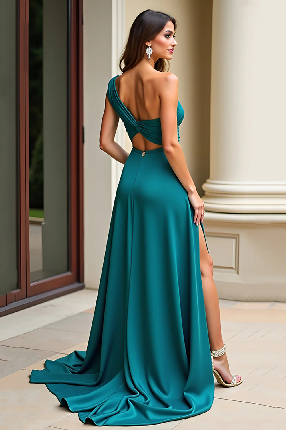 Peacock Green Linia Na Jedno Ramię Ruched Długa Sukienka Na Studniówkę Z Rozcięciem - Image 2