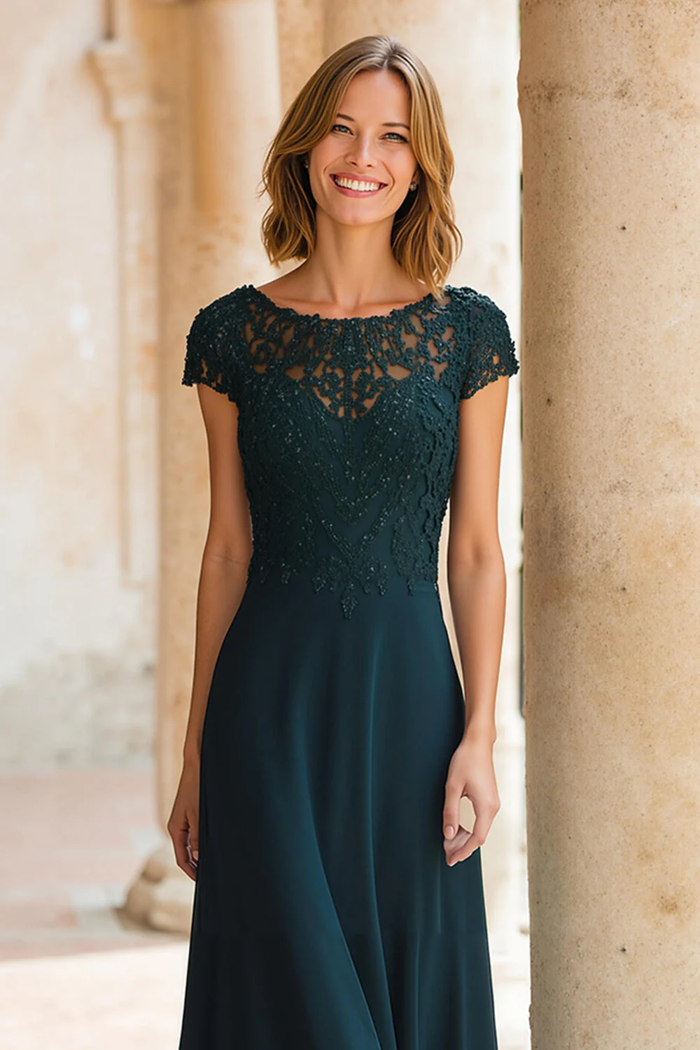 Peacock Green Okrągły Dekolt Szyfon A-Line Długa Sukienka Dla Matki Panny Młodej Z Rękawami - Image 2