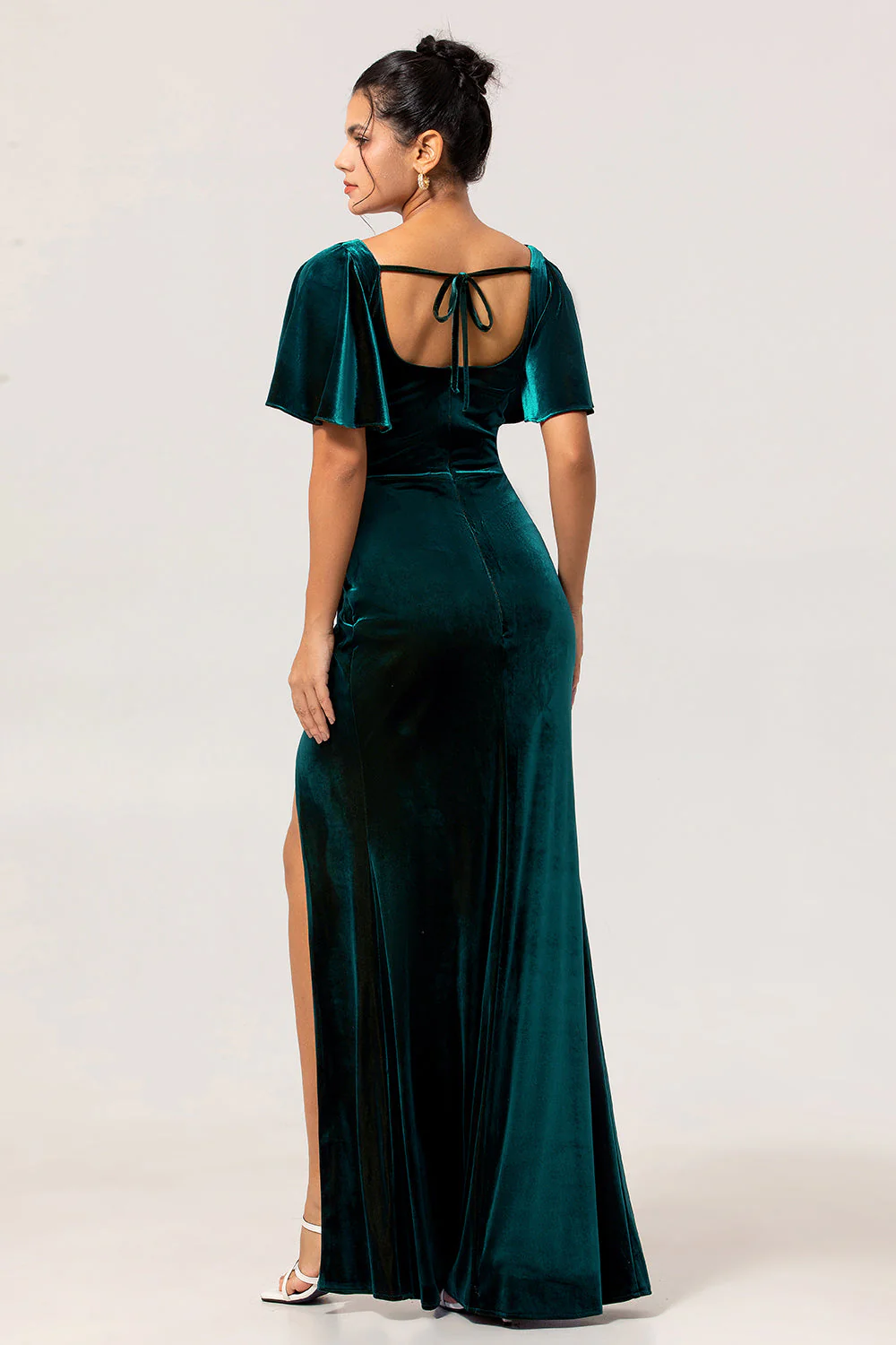Peacock Green Velvet Smantle Sukienka dla druhen z krótkimi rękawami - Image 2