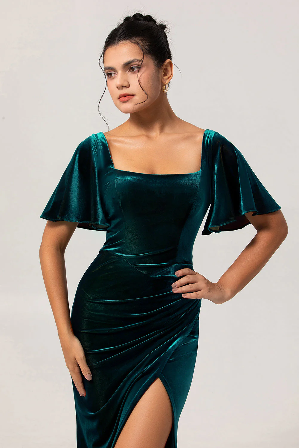 Peacock Green Velvet Smantle Sukienka dla druhen z krótkimi rękawami - Image 4