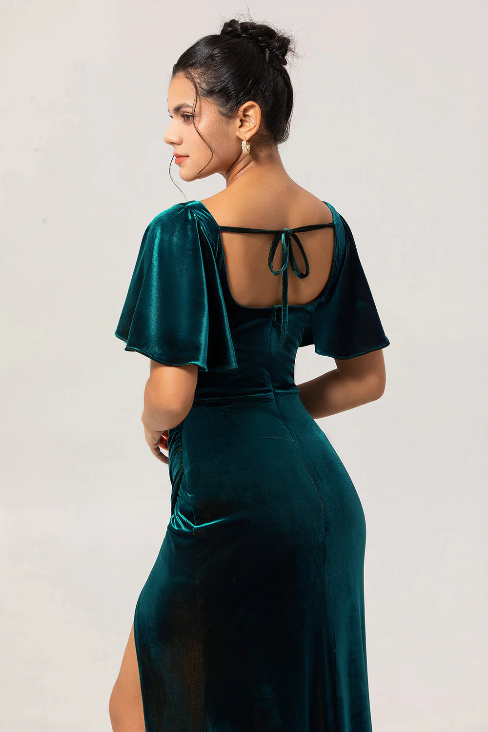 Peacock Green Velvet Smantle Sukienka dla druhen z krótkimi rękawami - Image 5