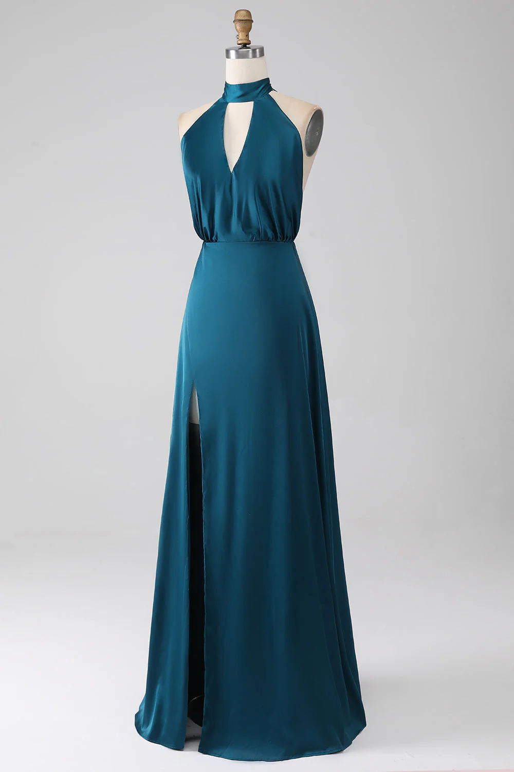 Peacock Linia A Halter Neck Długa Sukienka dla druhen z rozcięciem - Image 3