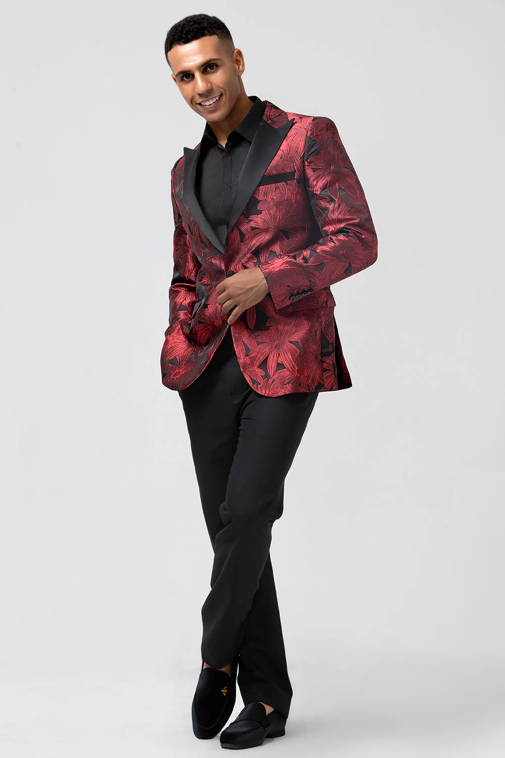 Peak Lapel Bordowe żakardowe One Button 2-częściowe męskie garnitury balowe - Image 3