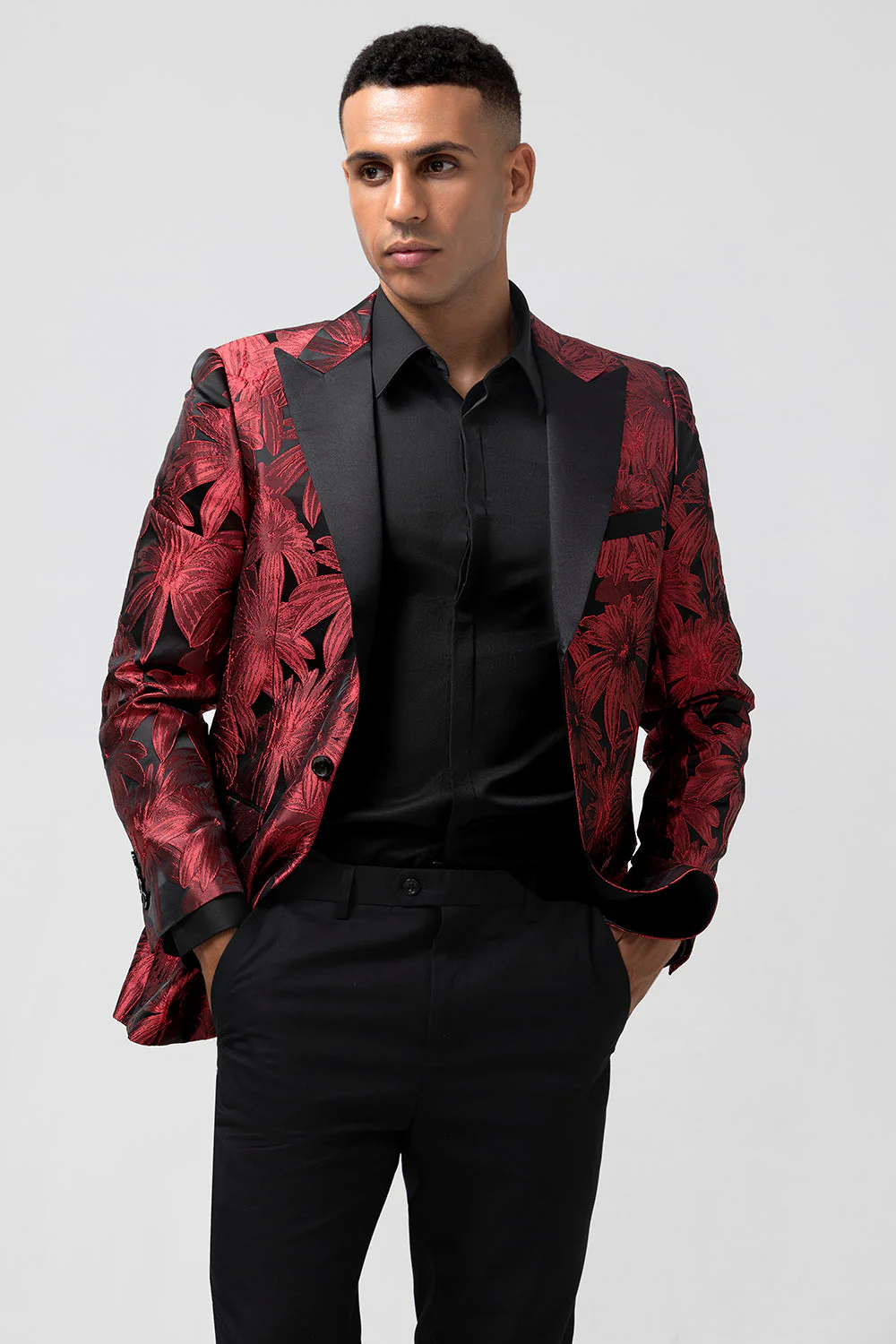 Peak Lapel Bordowe żakardowe One Button 2-częściowe męskie garnitury balowe - Image 4
