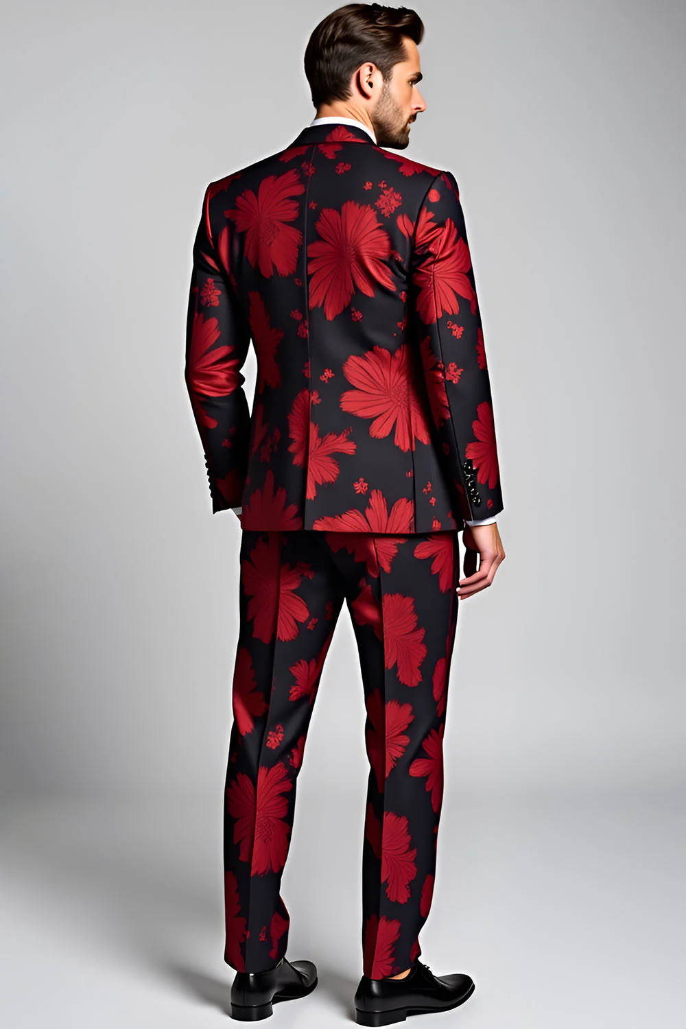 Peak Lapel Ciemnoczerwone 2 sztuki Kwiatowe drukowane męskie garnitury - Image 2